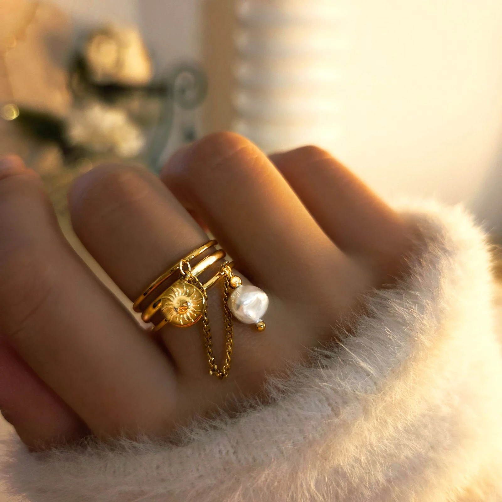 Bague ajustable dorée multirang en acier inoxydable soleil et perle